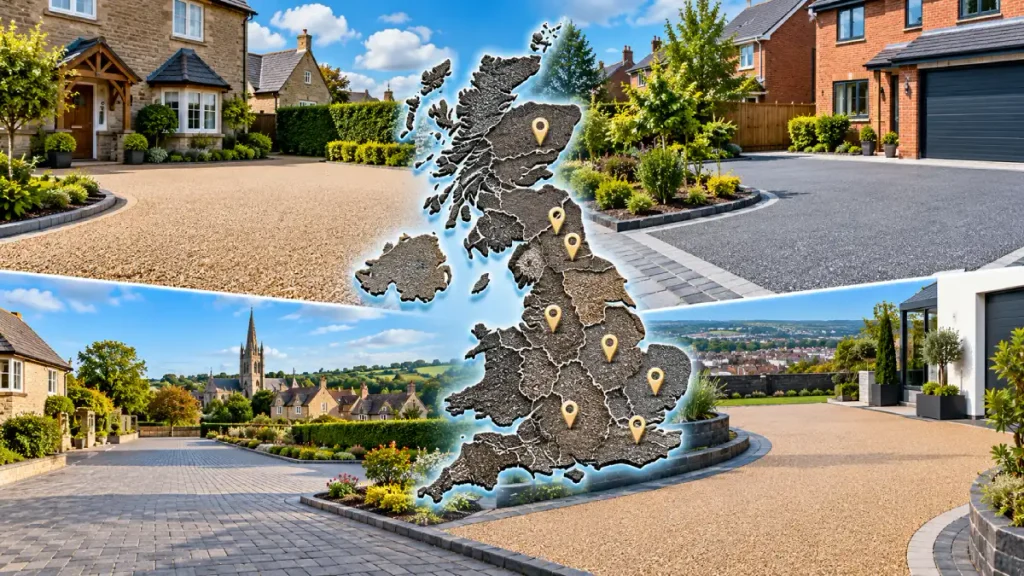 Concrete driveway installation with prepared sub-base and fresh concrete surface