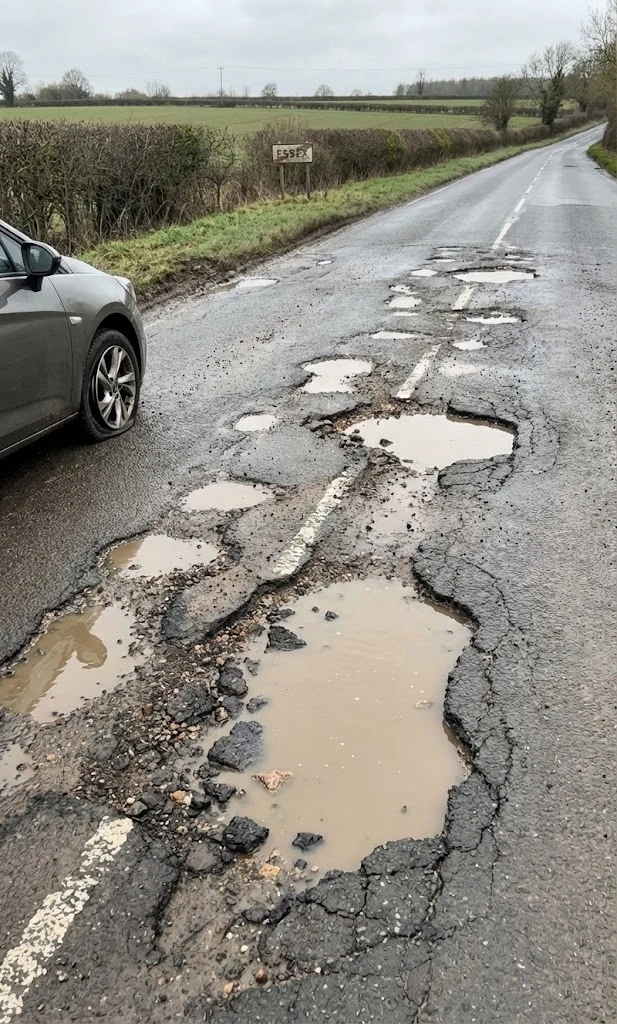 Weather-damaged potholes on Essex roads during winter rain