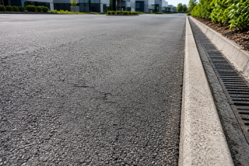 Business park road drainage maintenance with kerbside water control
