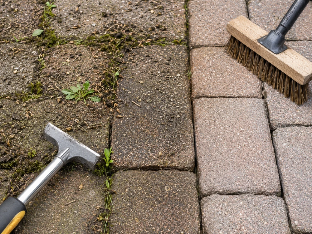 clear and weed driveway pavers before cleaning