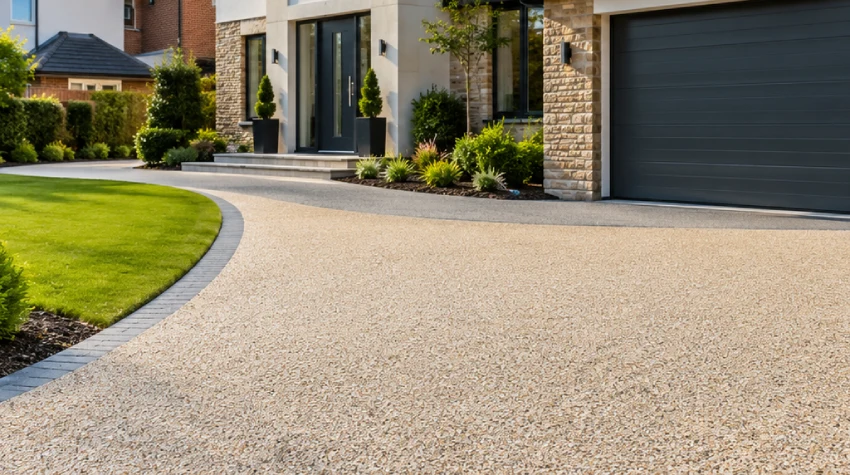 UK driveway installation showing resin surfacing, block paving edges and drainage.
