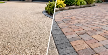 Resin bound driveway and block paving driveway comparison outside a UK home.