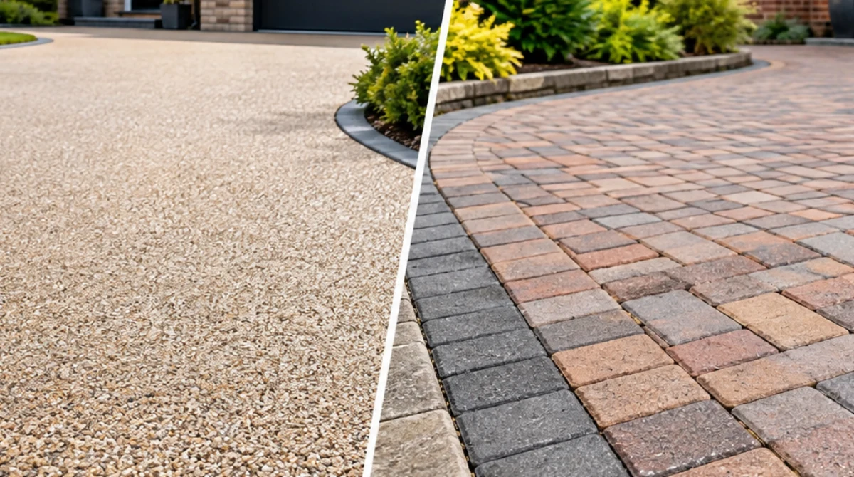 Resin bound driveway and block paving driveway comparison outside a UK home.