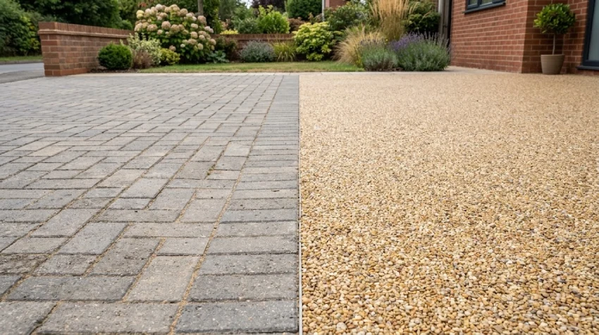 Permeable resin driveway surface beside traditional block paving.