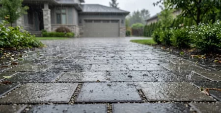 Resin-bound driveway surface managing heavy rain outside a UK home.