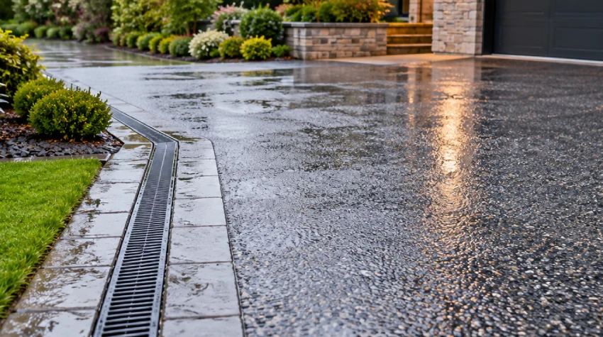 Close-up of permeable resin-bound surfacing after rainfall.