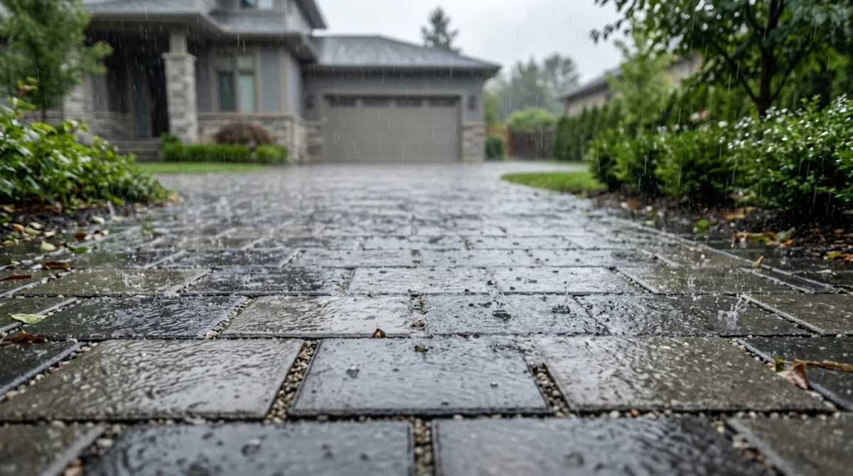 Resin-bound driveway surface managing heavy rain outside a UK home.