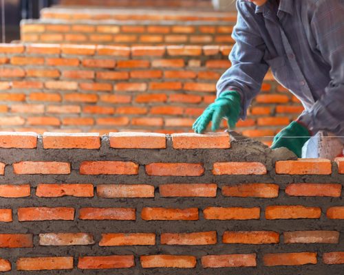 Workers,Masonry,Clay,Brick,To,Wall.